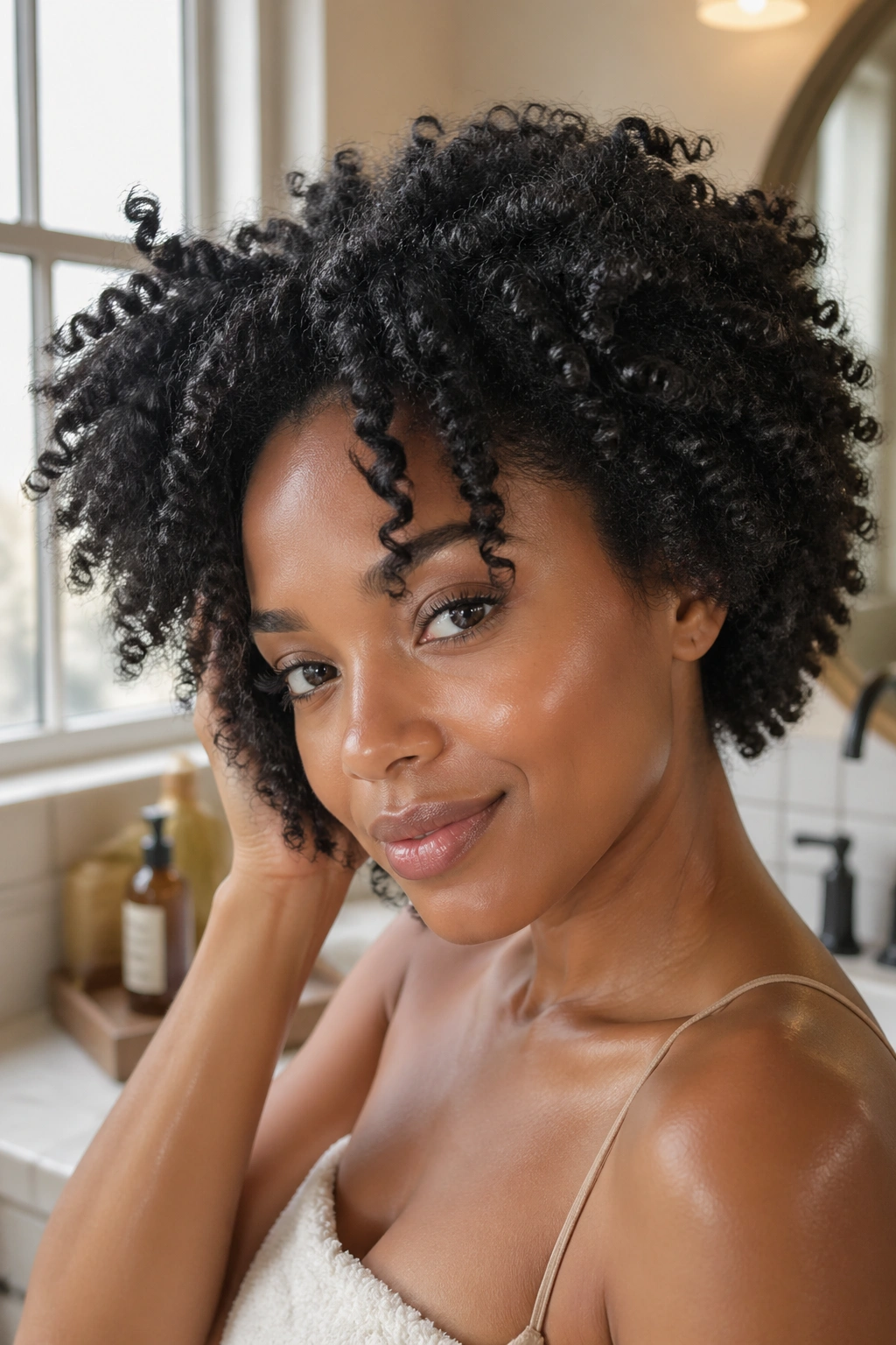 Close-up of a real person with moisturized curls showing hydration and definition