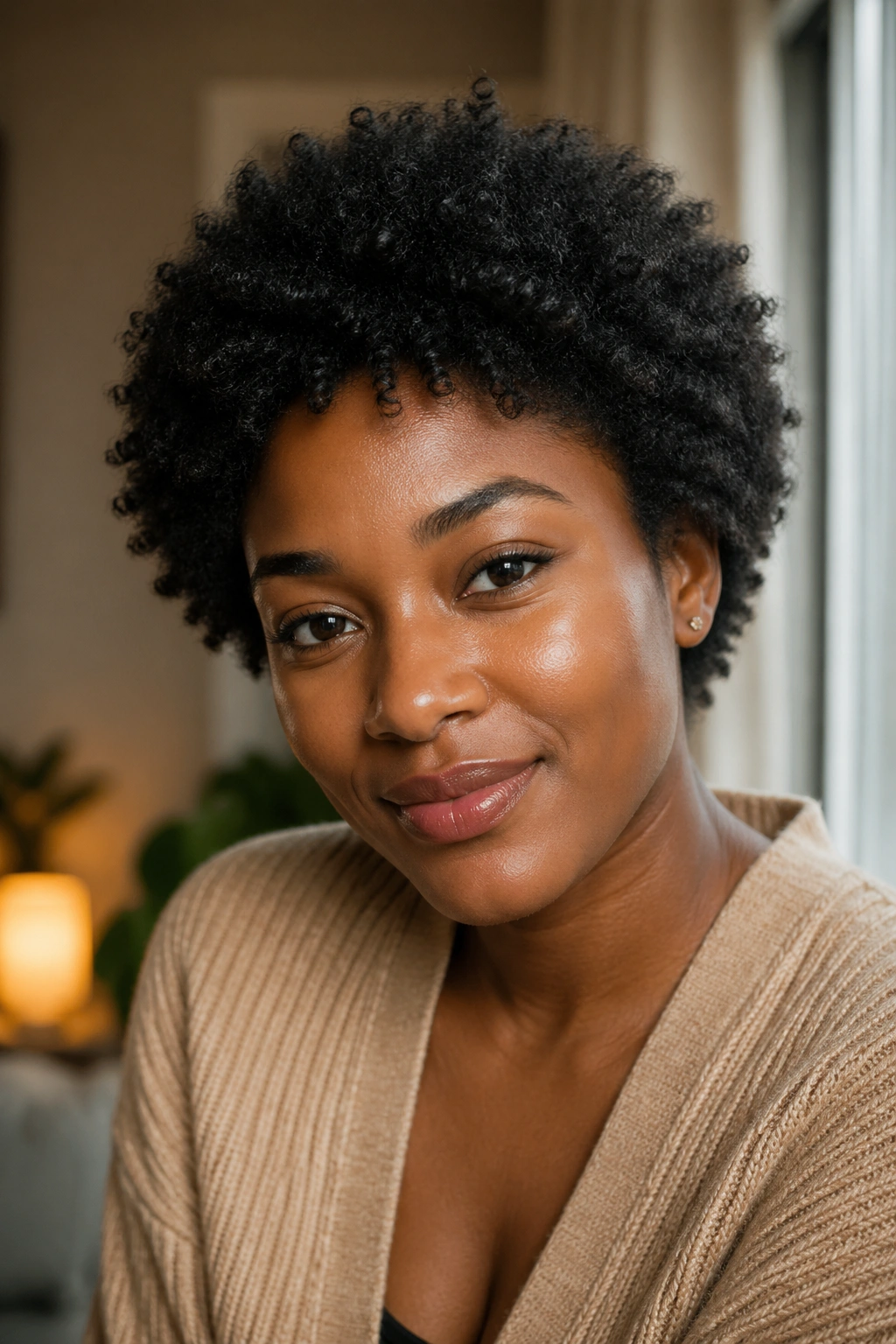 Close-up of a real woman with moisturized natural hair showing shrinkage