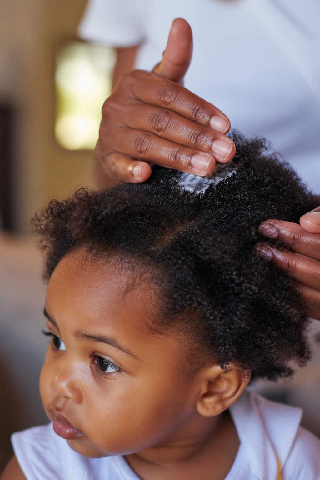 Toddler's curls with moisturizer being applied