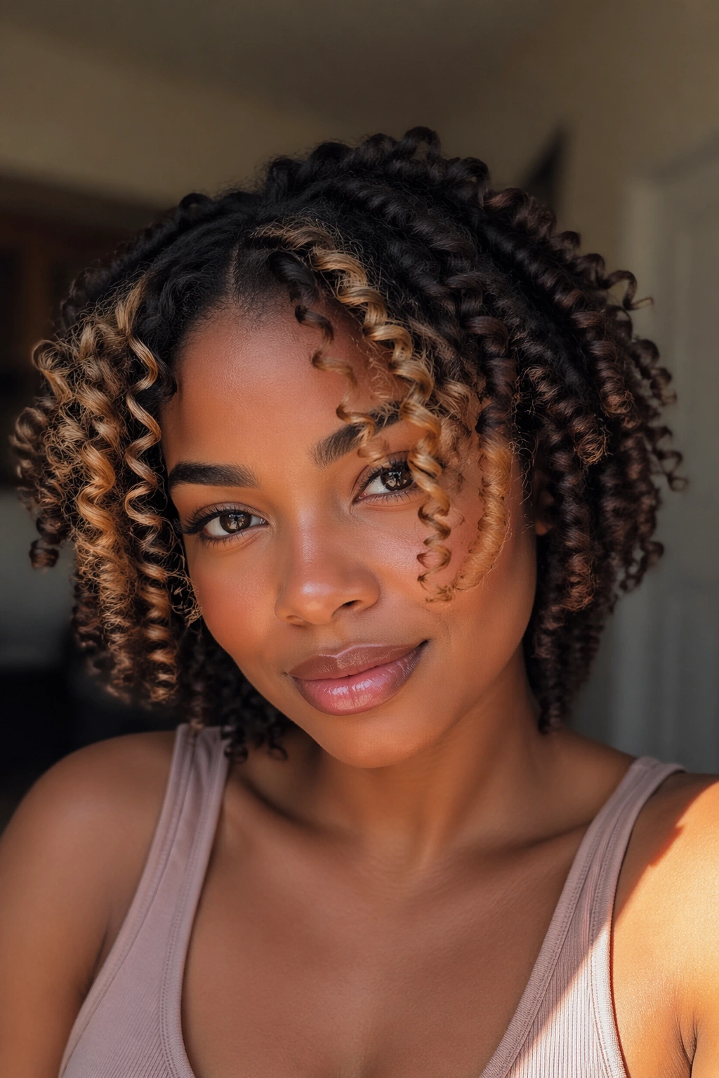 Close-up of real woman with money piece on bantu knot-out