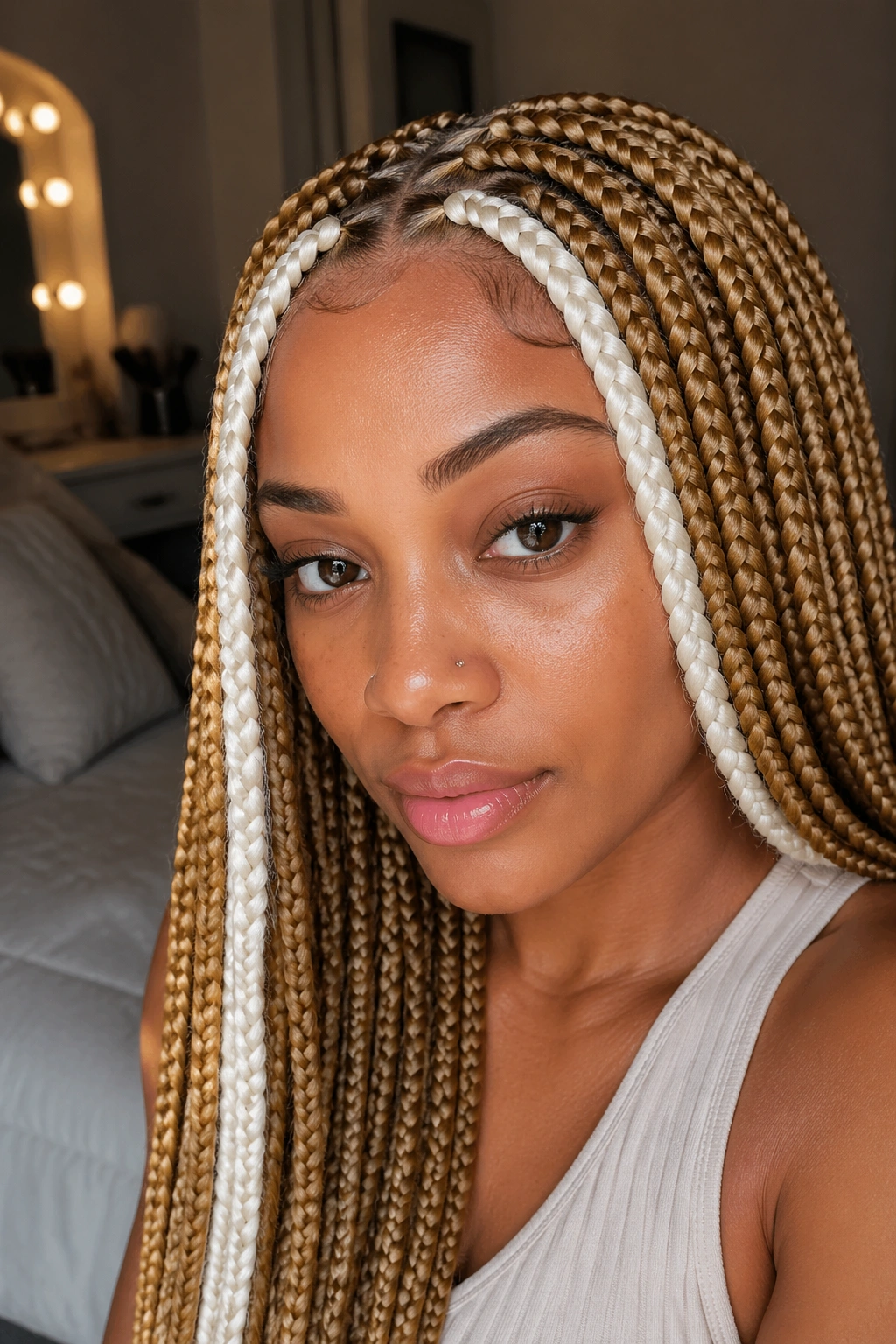 Real woman with white front money pieces and honey-blonde box braids framing the face.
