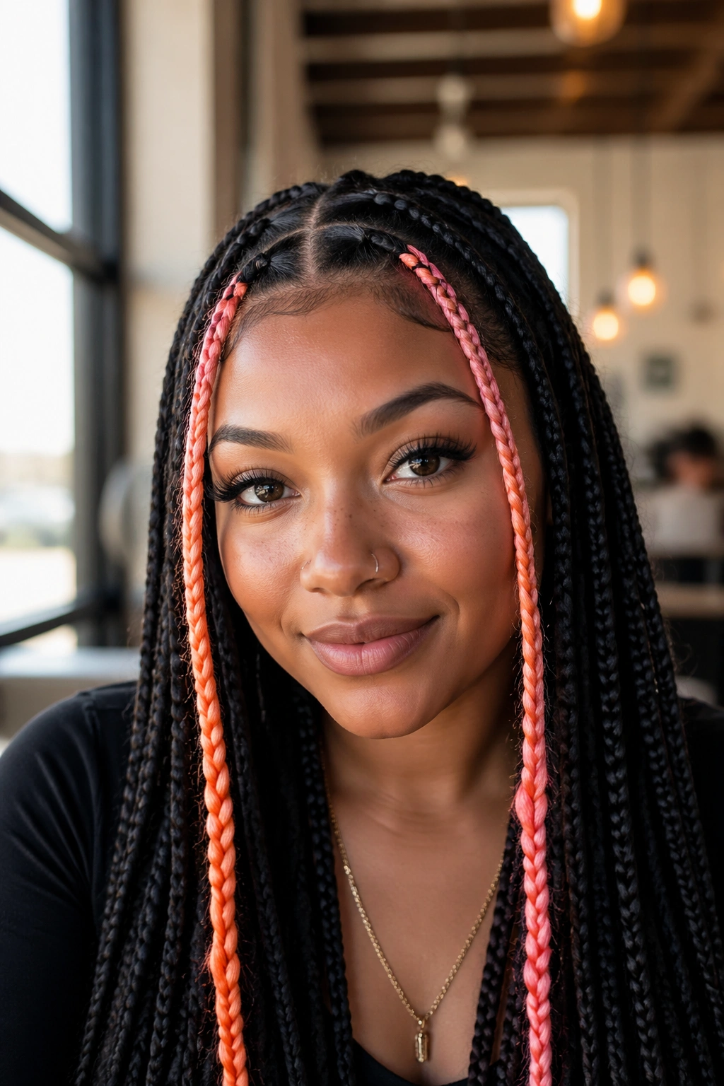 Close-up of face-framing money piece braids in orange and pink framing the face on a real person