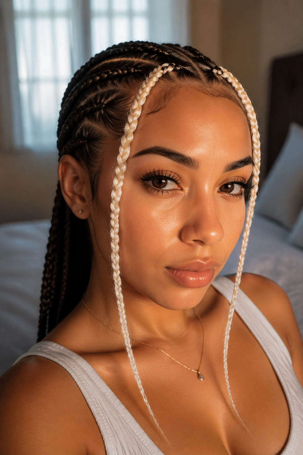 Close-up of a real woman with platinum money-piece cornrows framing her face