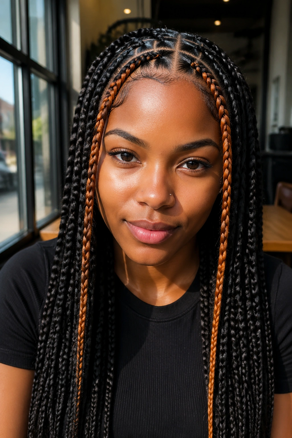 Two front cornrows in money-piece color framing the face
