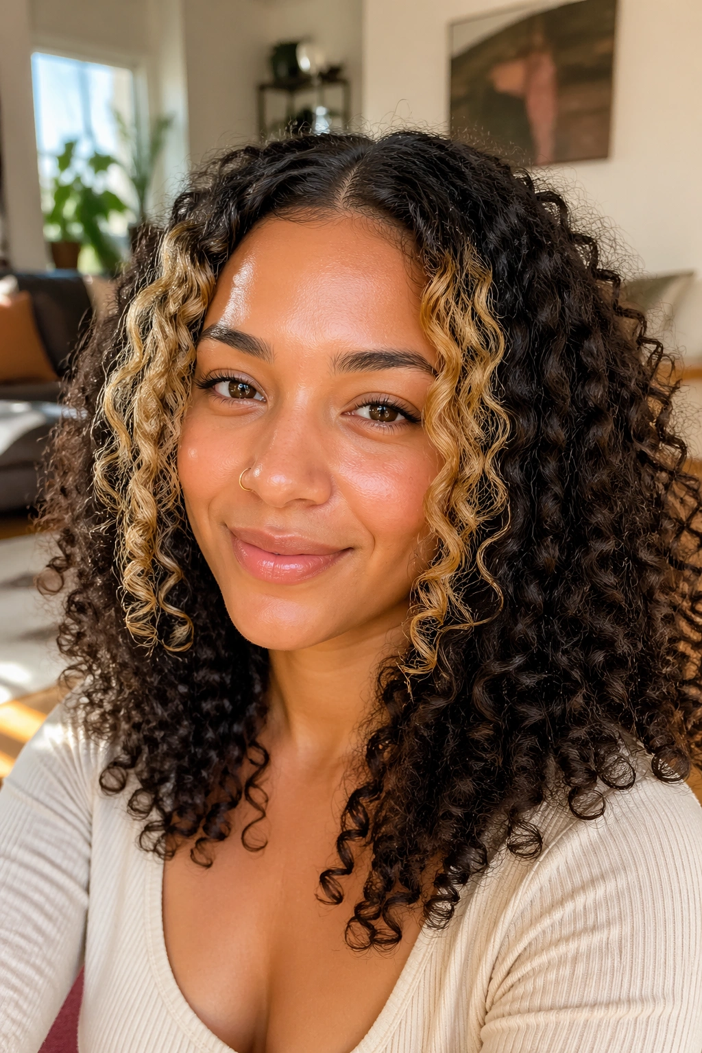 Close-up of a real woman with curly hair showing money piece highlights at the temples