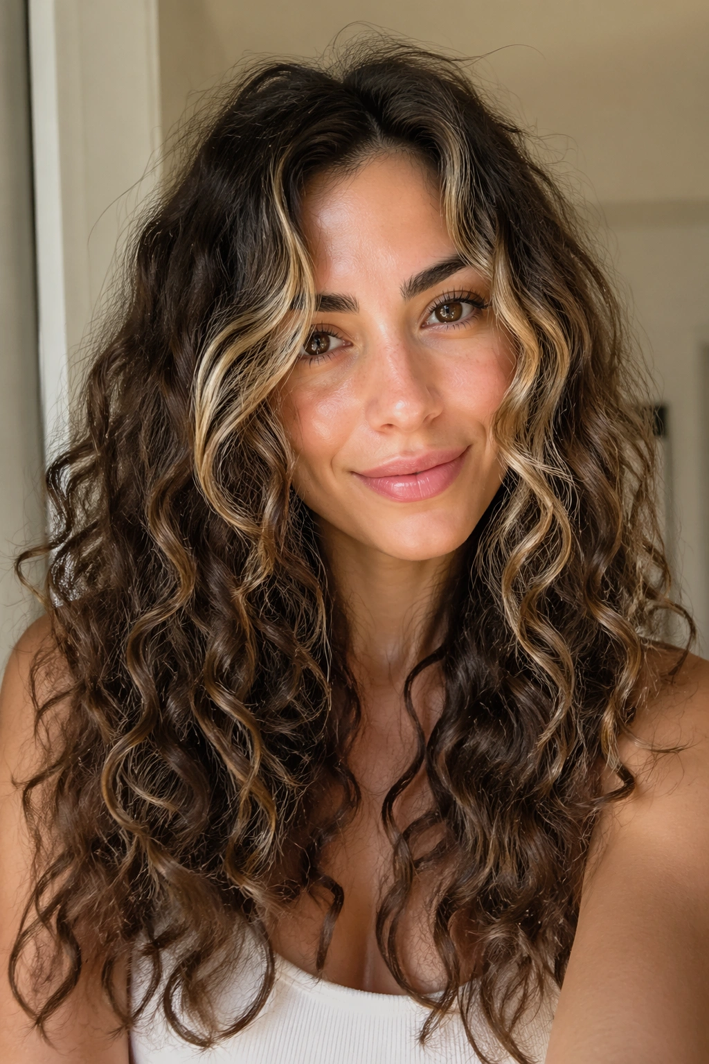 Close-up of a woman with money-piece front layers brightening the face.
