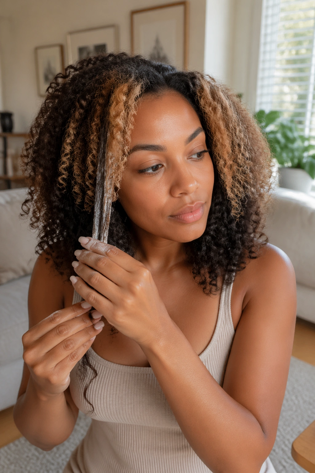 Real woman with money piece at home applying conditioner to front hair sections