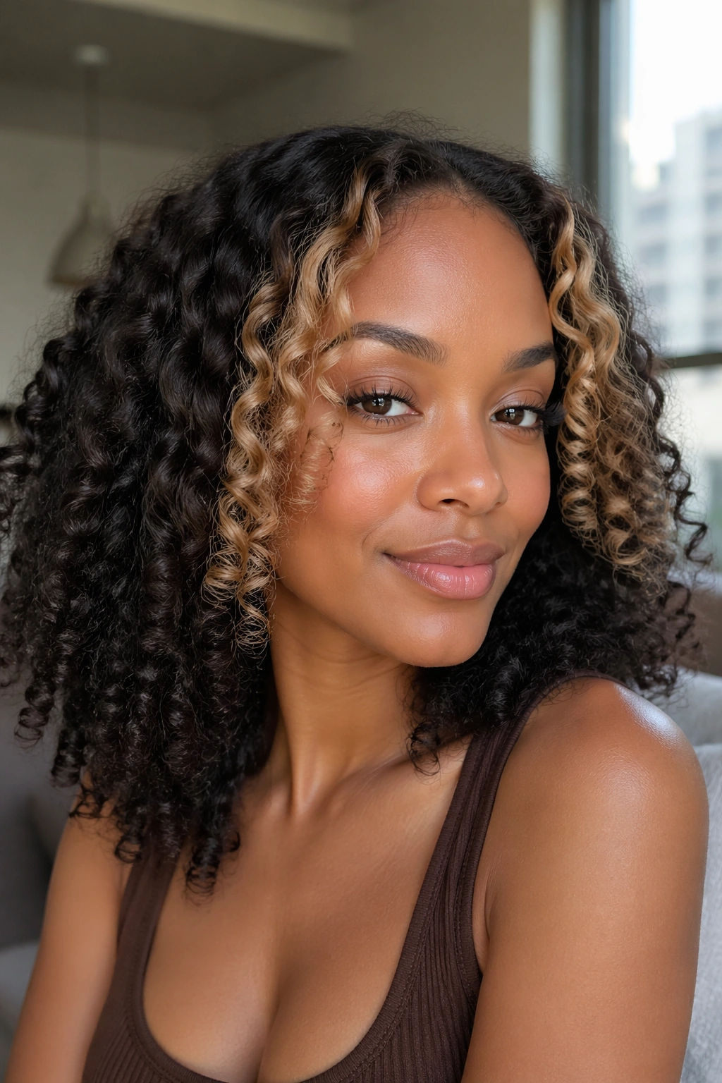 Real woman with money piece hairstyle kept fresh and vibrant between appointments