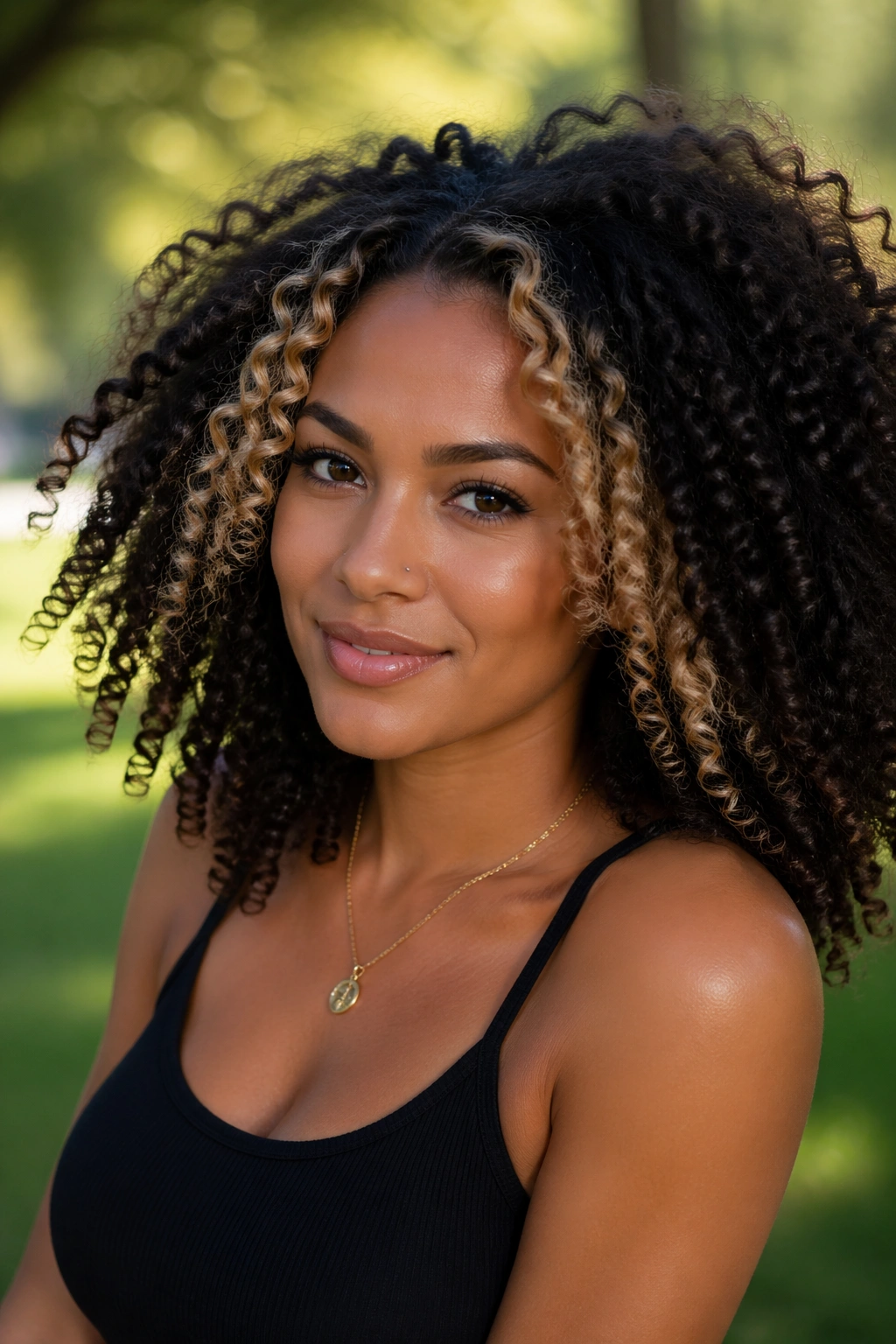 Portrait of a curly-haired person with front money pieces framing the face