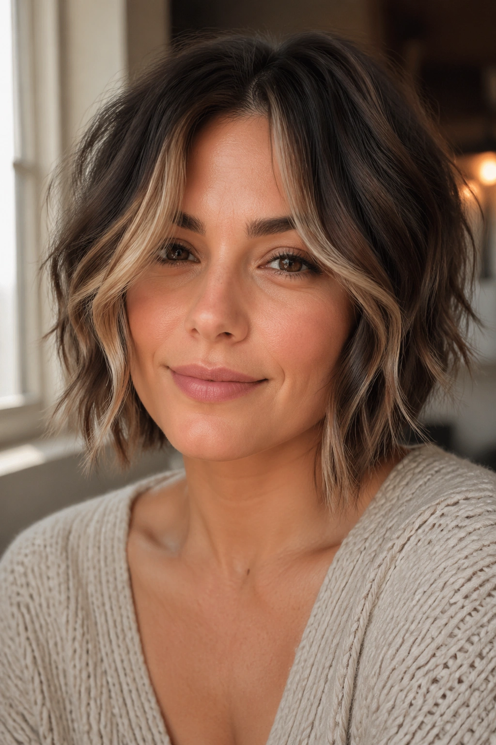 Close-up of a real woman with money-piece highlights framing a short, wavy shag on a round face.