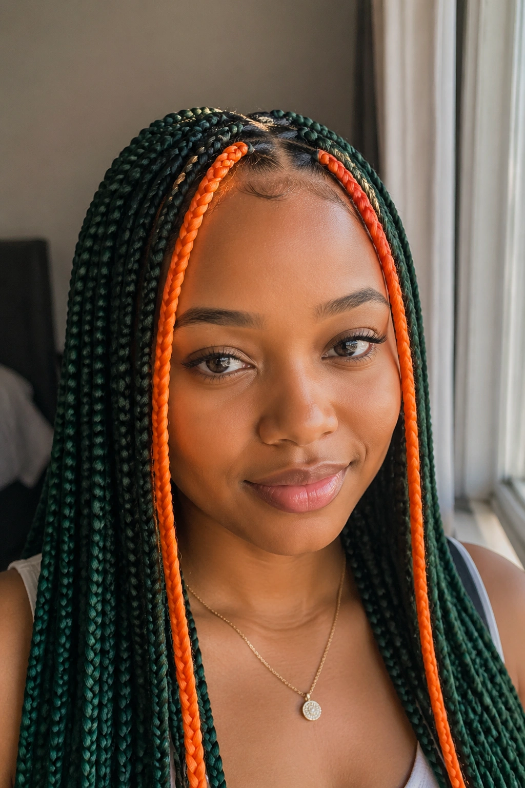 Close-up of a real woman with orange face-framing braids and green braids around the head.