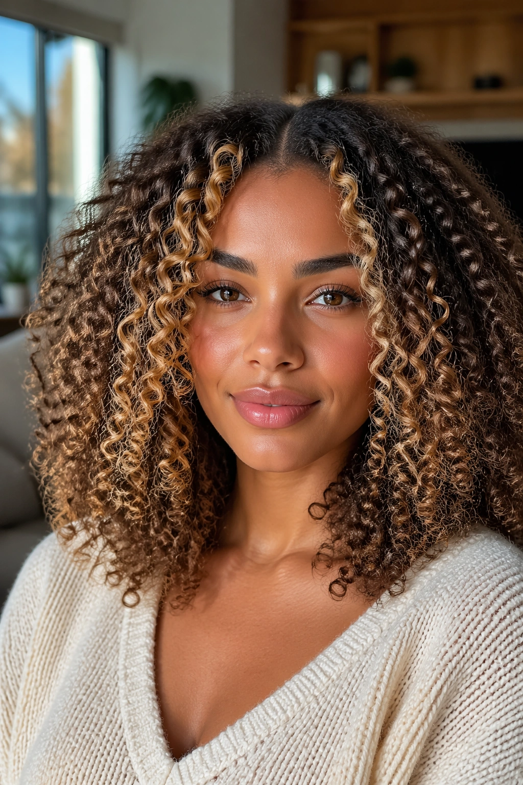 Close-up of natural curls with money piece integrated into full highlights