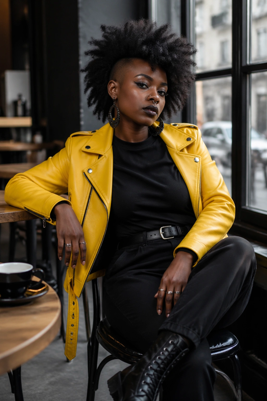 Person in all-black outfit with a single canary yellow jacket.