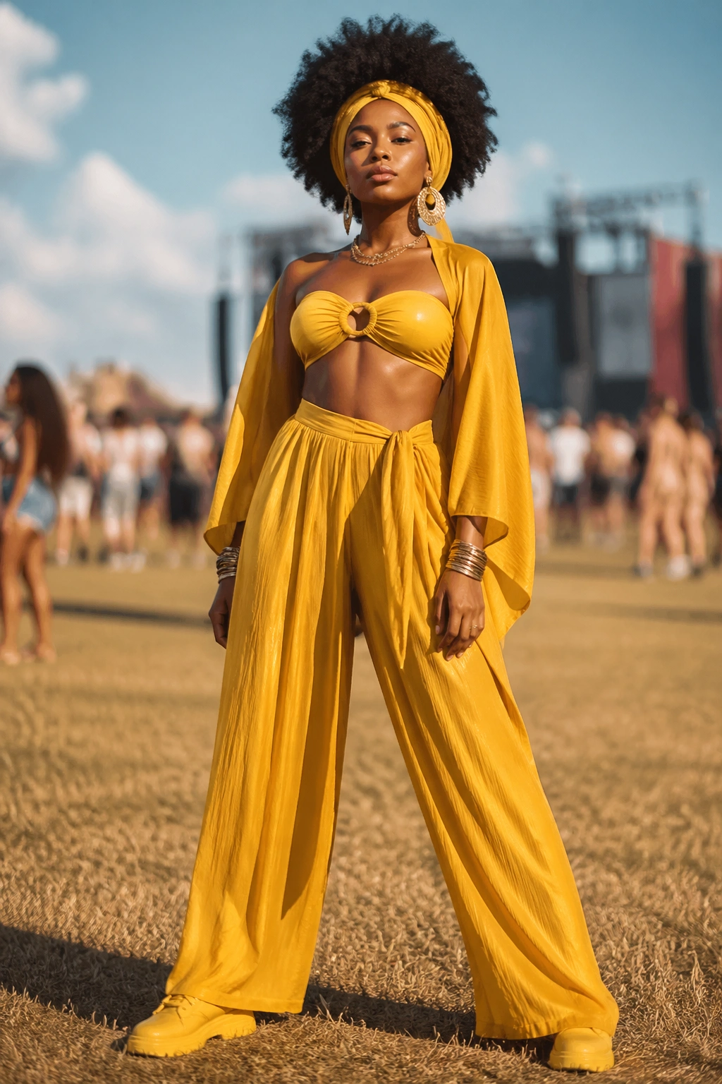 Full-body portrait of a person in head-to-toe turmeric yellow at a festival