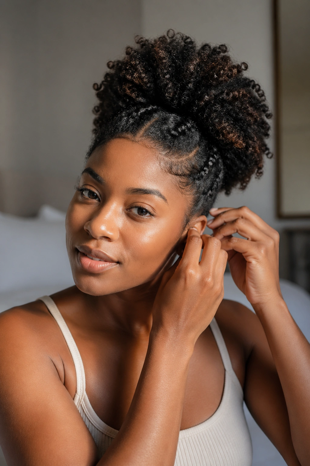 Close-up portrait of a real person in softly lit bedroom, ready for the day