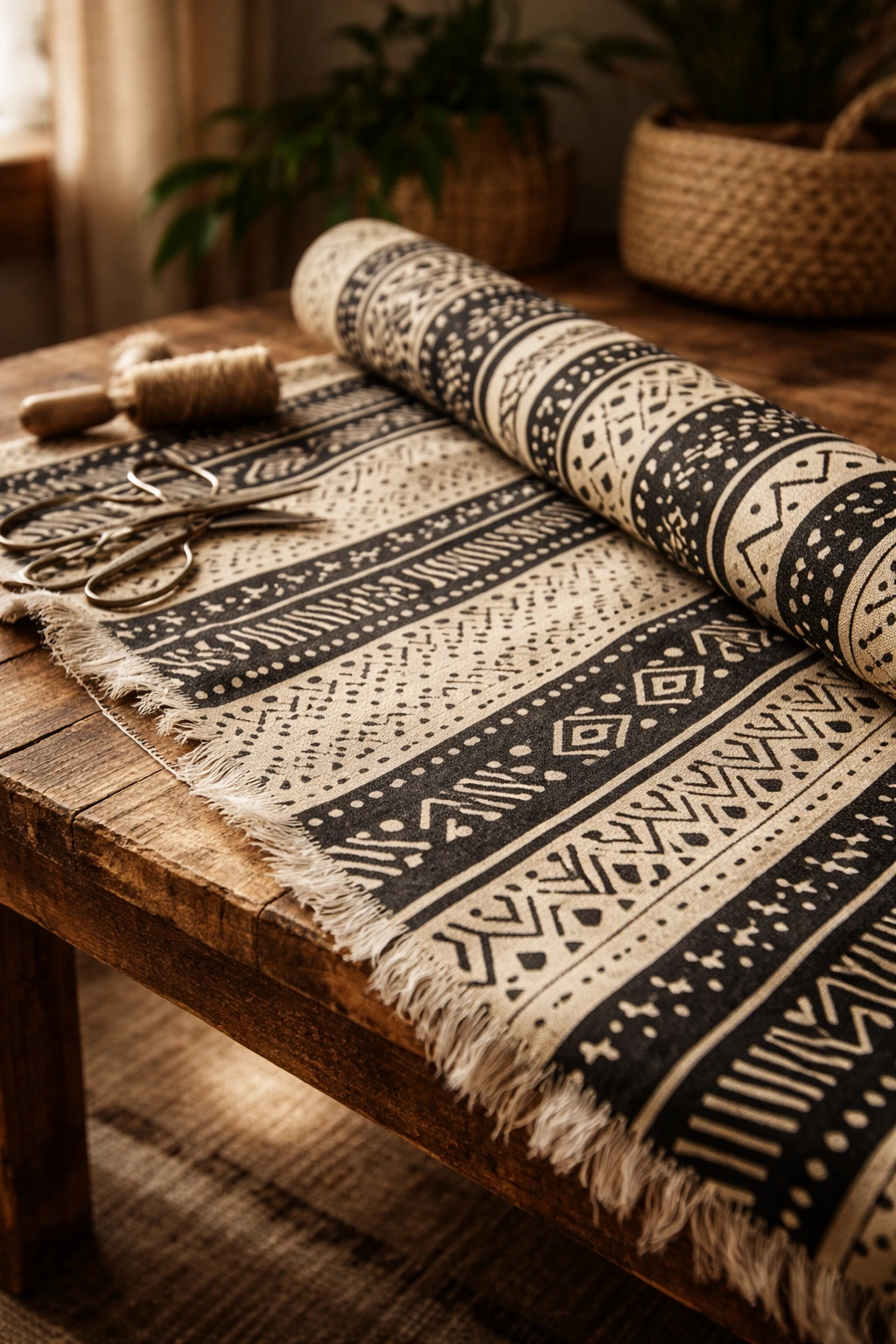 Mudcloth fabric by the yard unfurled on a wooden table