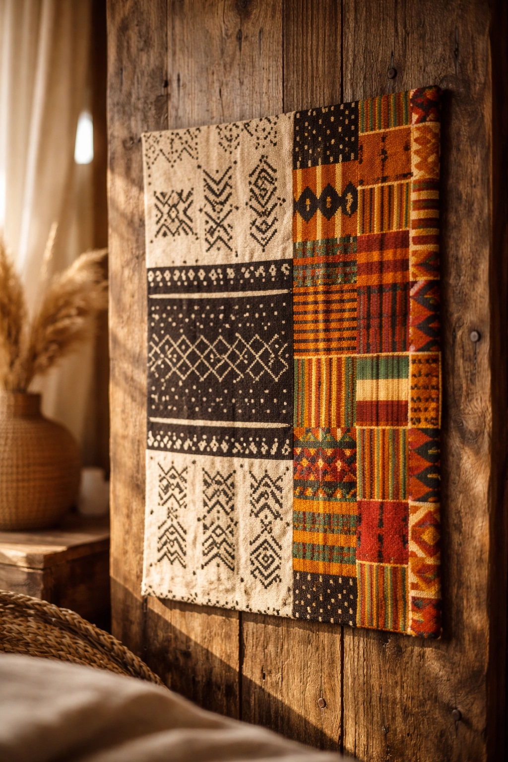 Close-up of a textile panel blending mudcloth and kente patterns in a sunlit corner