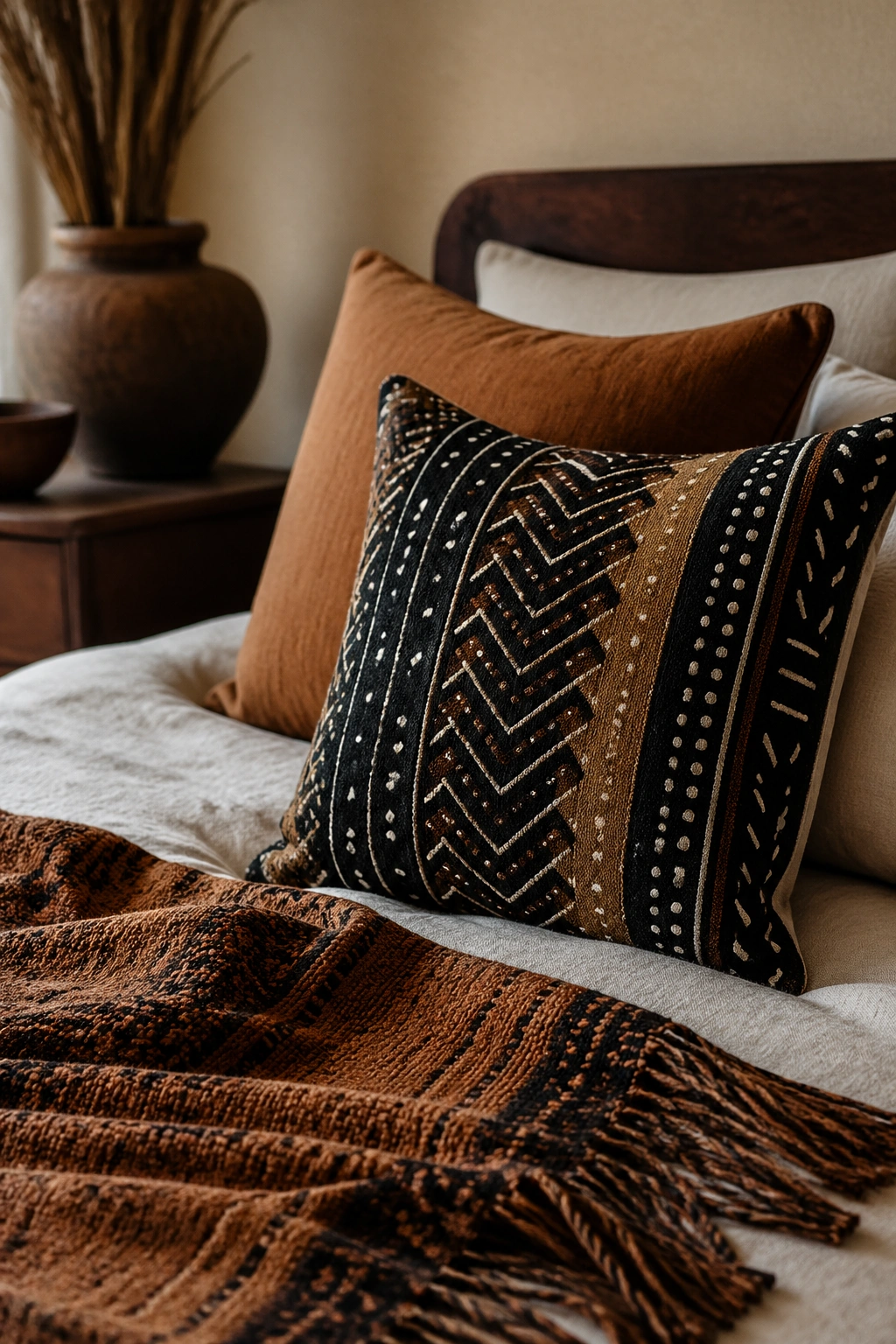 Mudcloth pillow and woven throw in a softly lit bedroom