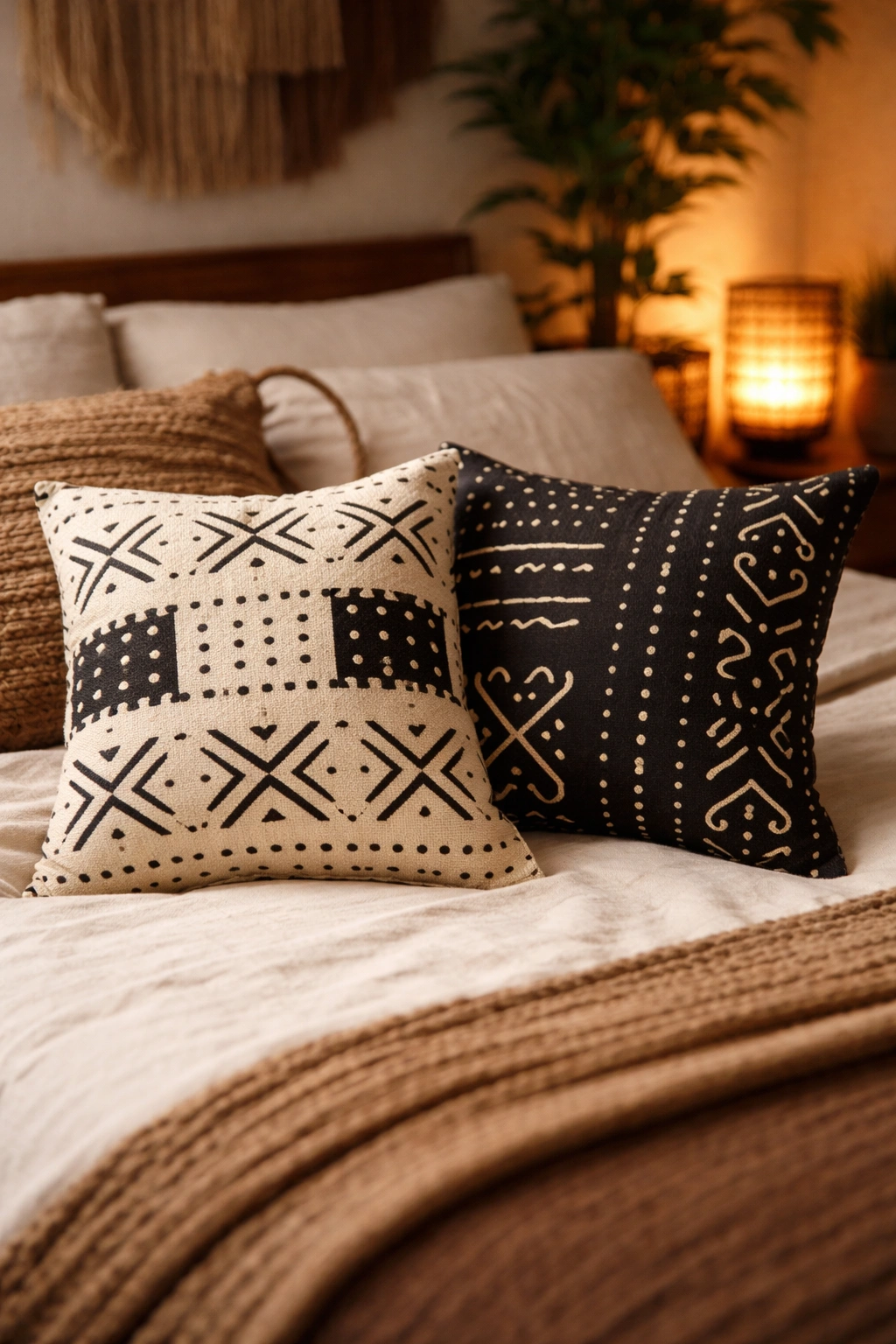 Two mudcloth pillows with geometric patterns on a bed