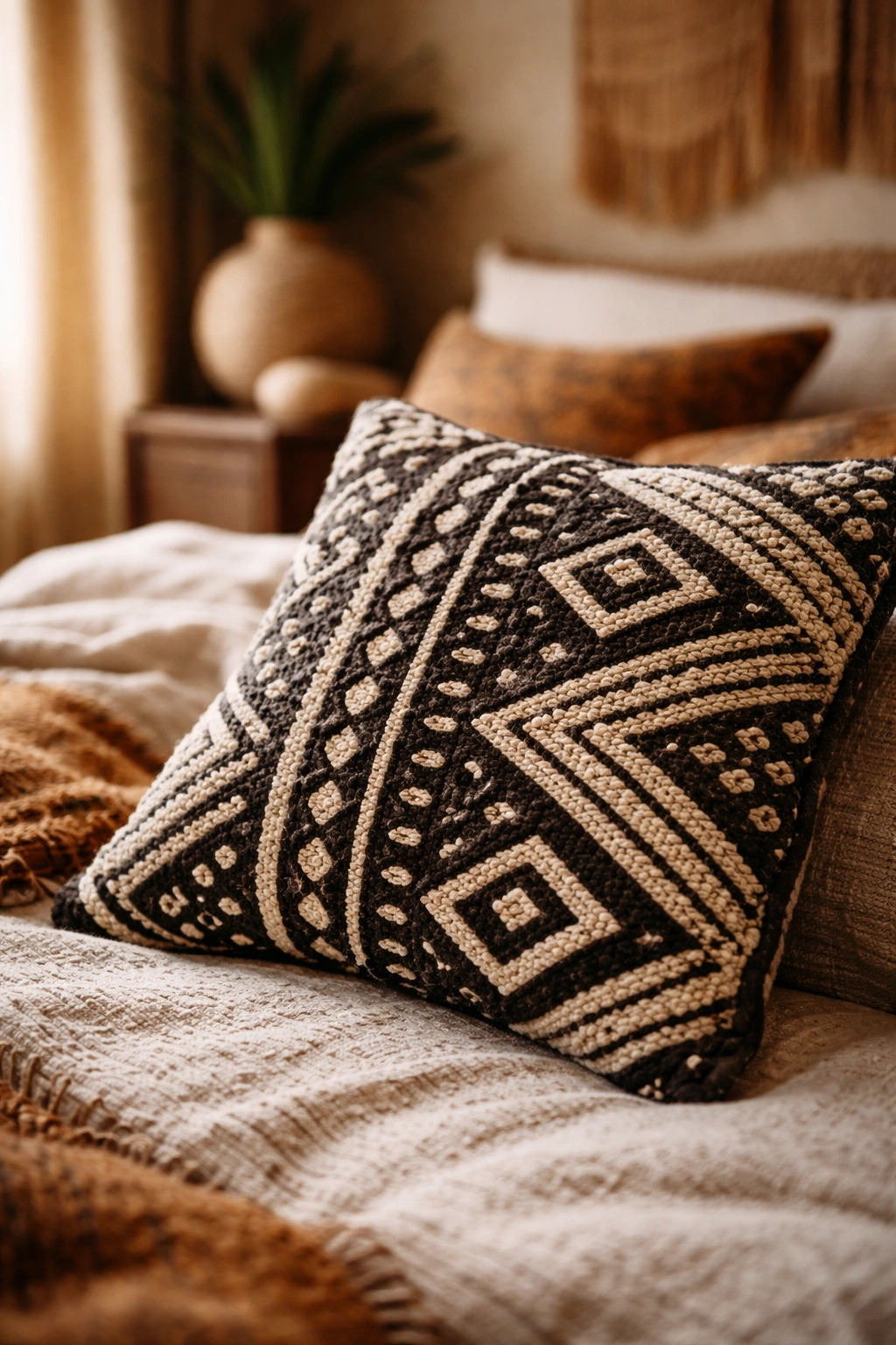 Textured mudcloth pillow with geometric pattern on a bed