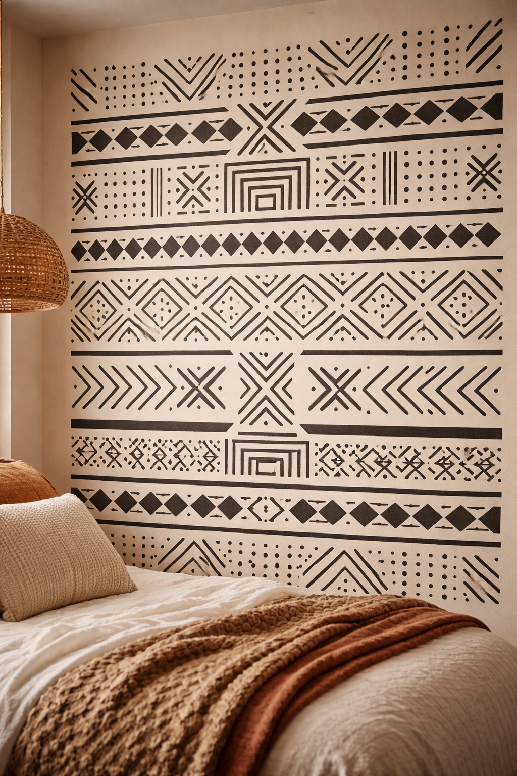 Wall with geometric mudcloth-inspired stencil in warm tones