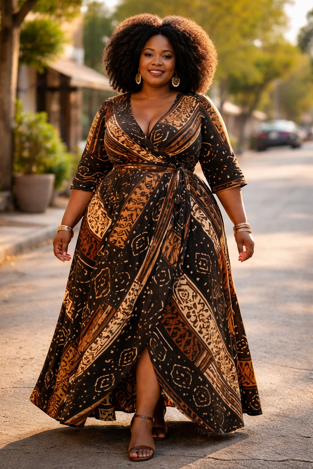 Plus-size model in mudcloth wrap dress outdoors