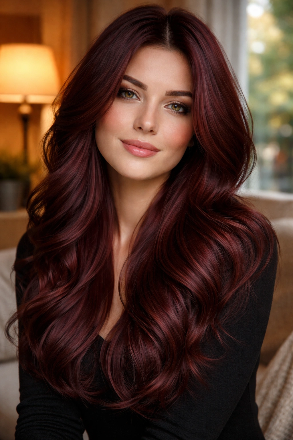 Portrait of a woman with mulled wine red hair and soft layers in a cozy indoor setting.