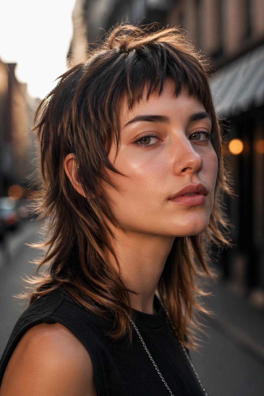 Close-up portrait of a real person with mullet bangs and short front pieces