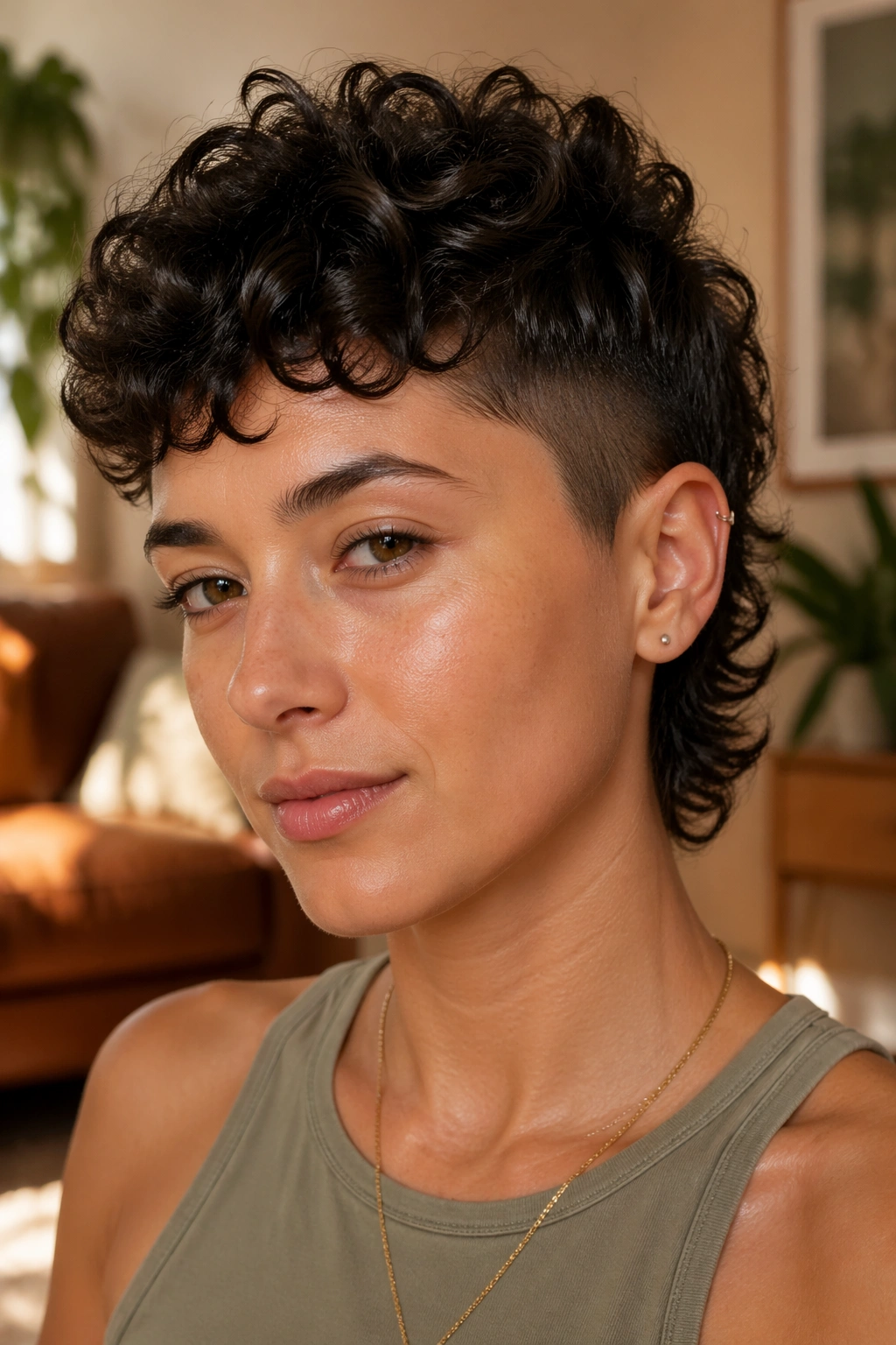 Close-up of real person with soft mullet inspired curly pixie undercut.
