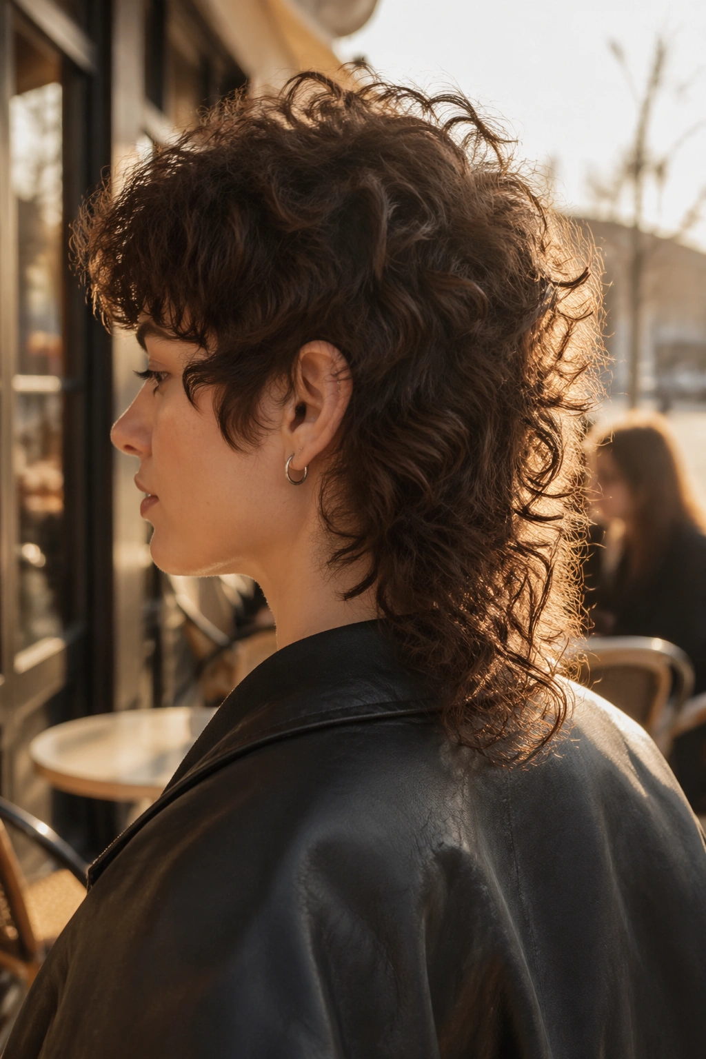 Side-profile view of messy curly mullet