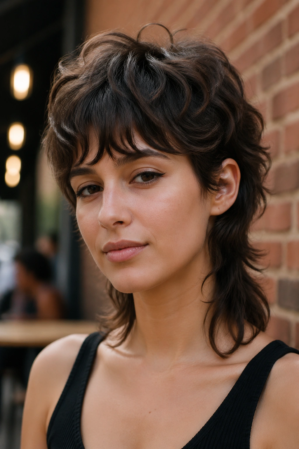 Close-up of a real person with mullet-leaning short shag, showing longer back length.