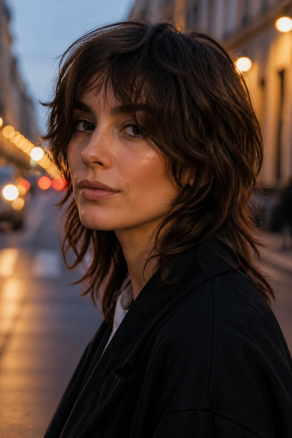 Close-up portrait of a real person with a soft mullet-inspired shag on an urban street at dusk.