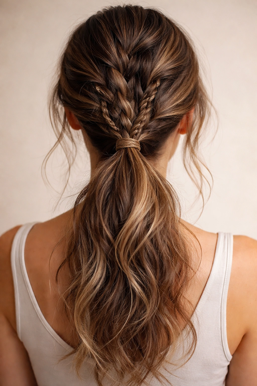 Three different braids merged into one ponytail with varied thickness.