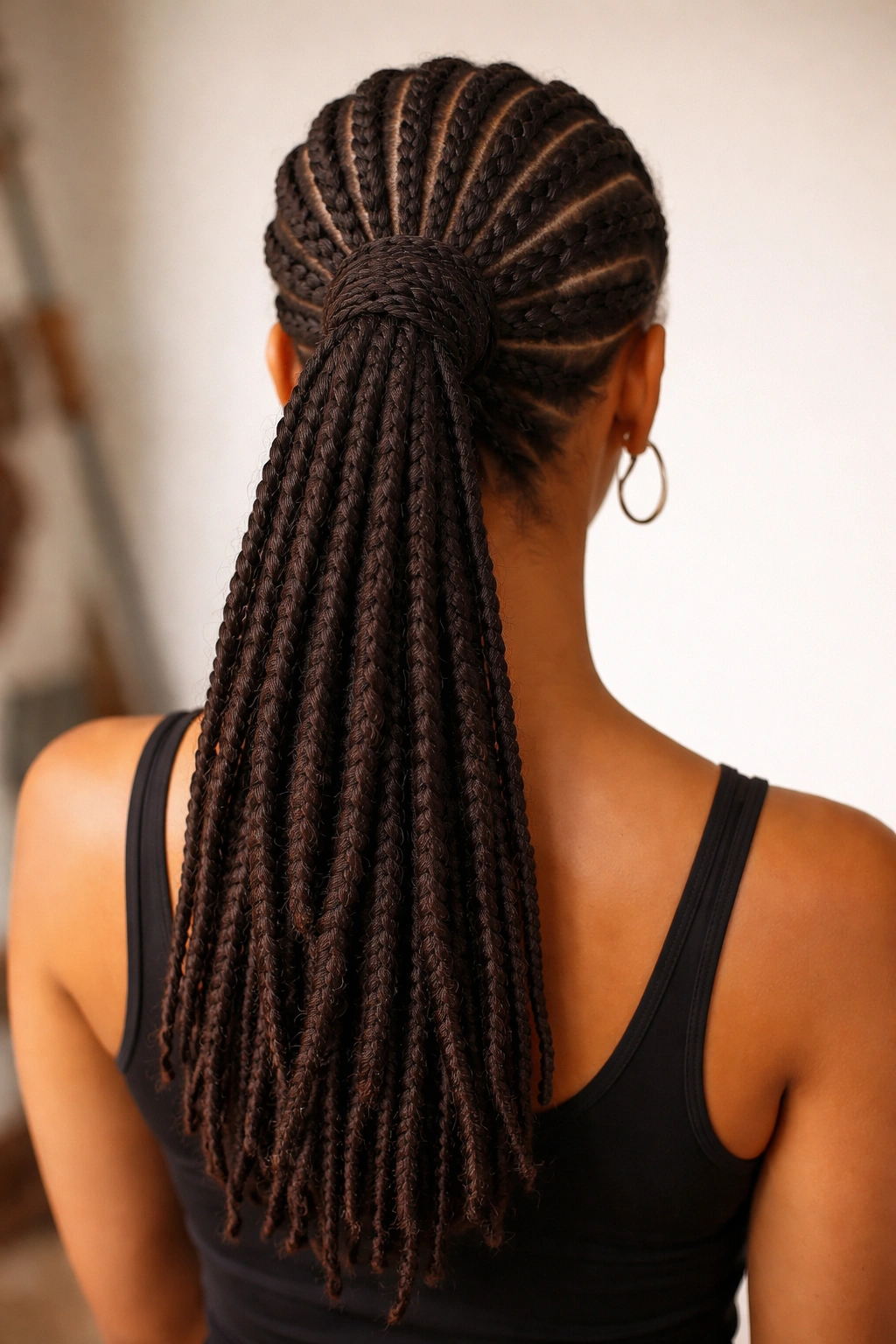 Back view showing multiple small braids converging into a thick ponytail