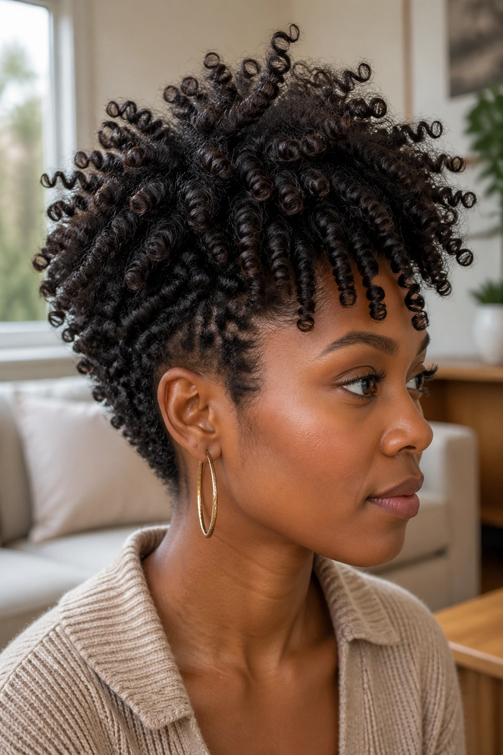 Close-up of multi-length coil curls with small coils at nape and larger coils on top