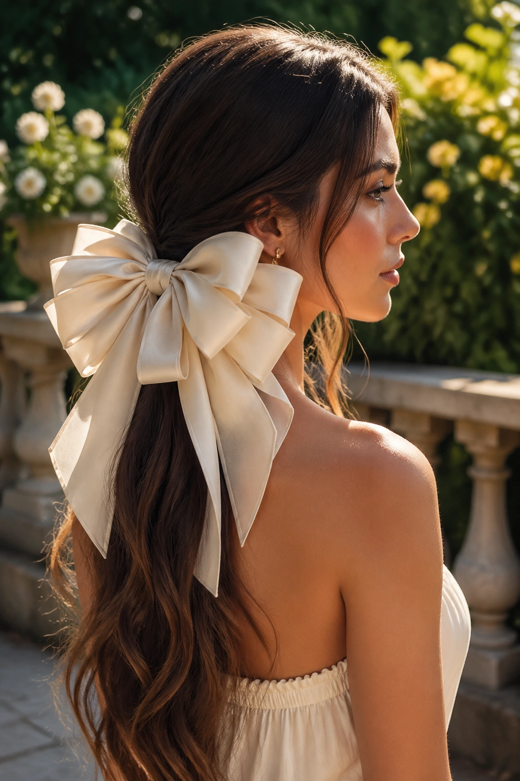 Close-up of a woman with long hair and a large multi-loop bow at the low ponytail