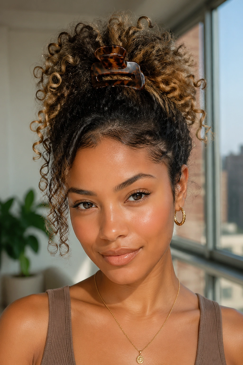 Portrait of a person with multi-texture hair pinned up in a clip