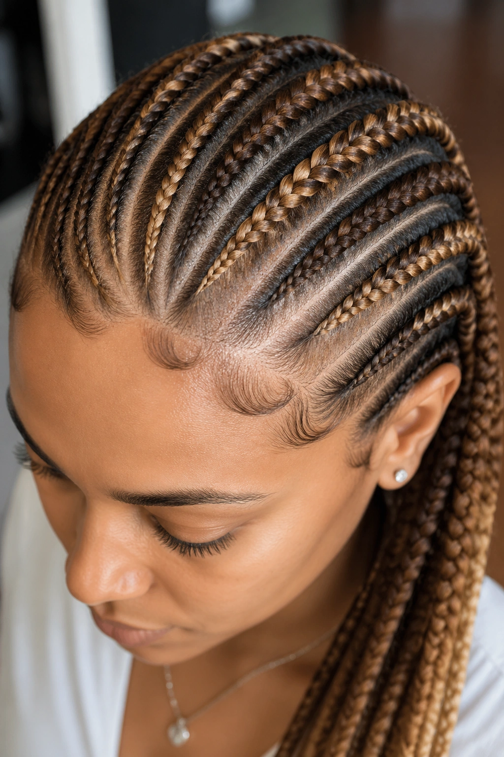 Close-up of a real person with multi-tone brown cornrows