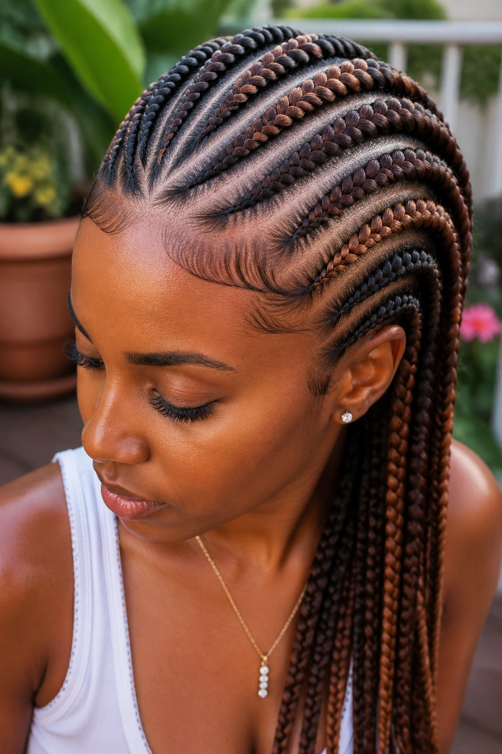 Close-up of a real woman's multi-tone brown feed-in cornrows across the head