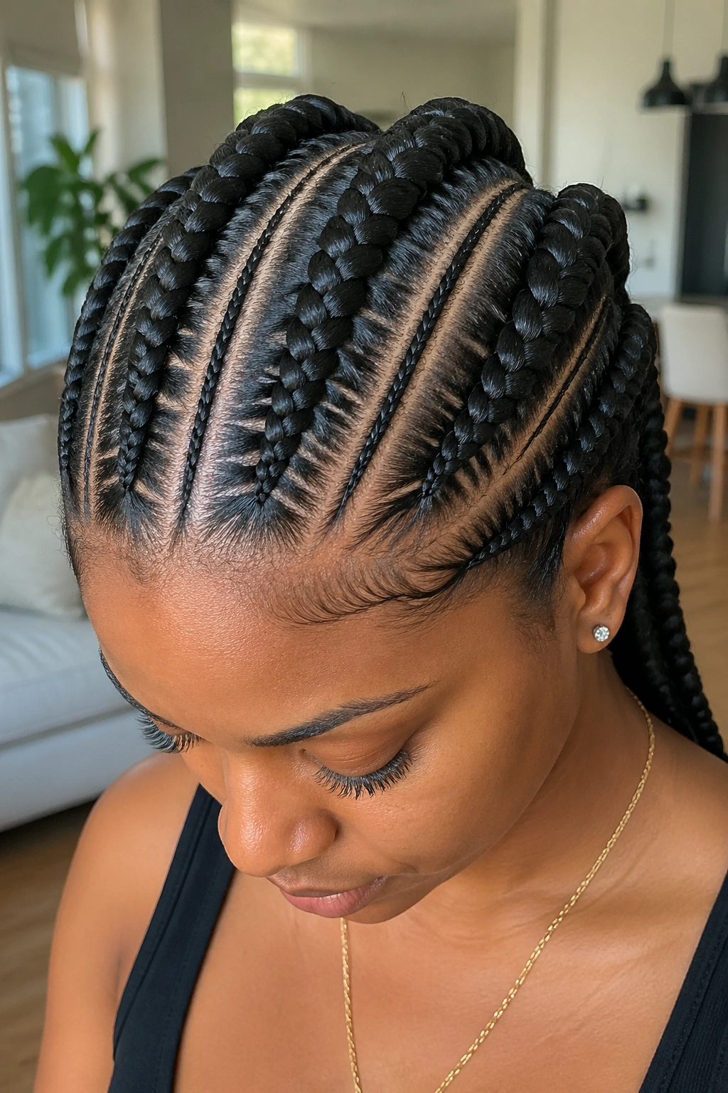Close-up of multi-width cornrow pattern with alternating jumbo and small rows