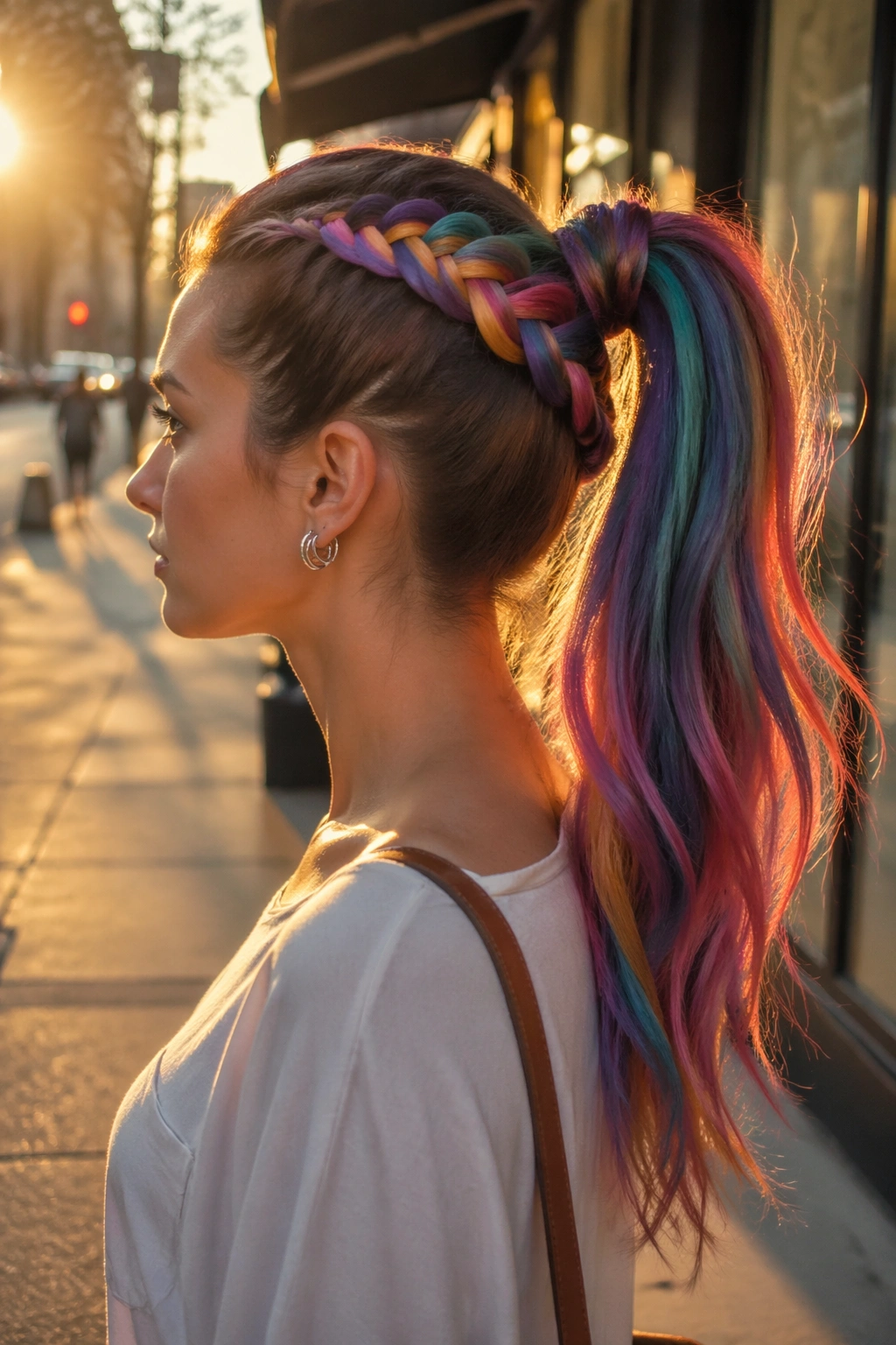 Side profile multicolor braided base ponytail on street