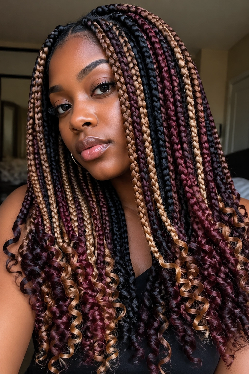 Real person with multicolor braids ending in curls