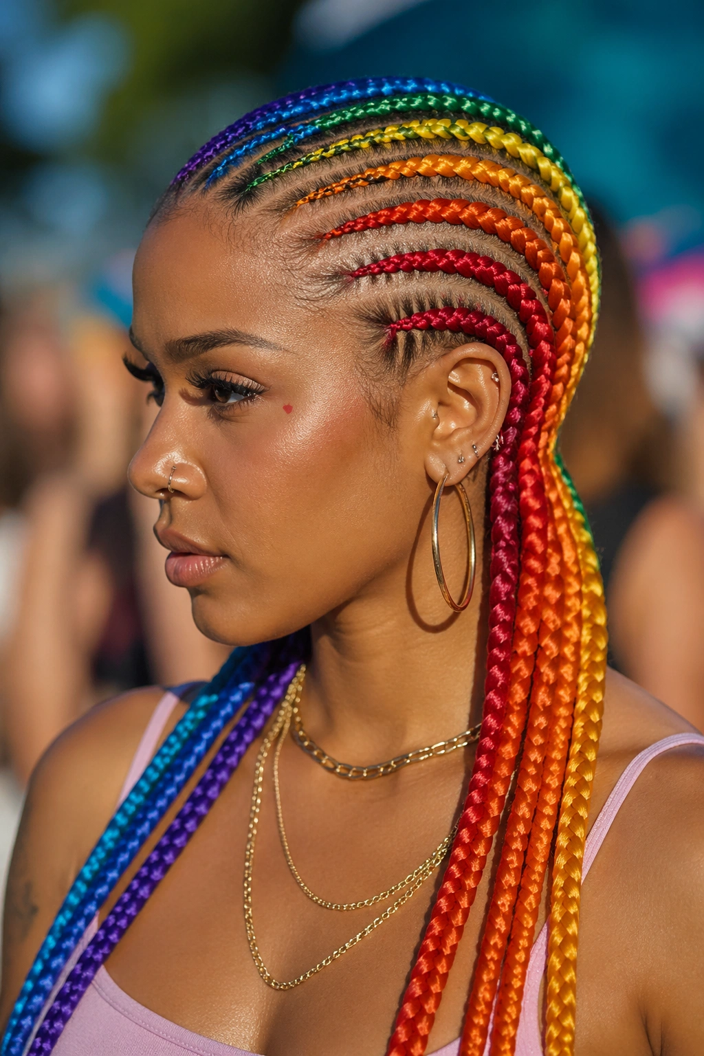 Close-up of multicolored rainbow cornrows on a real person.
