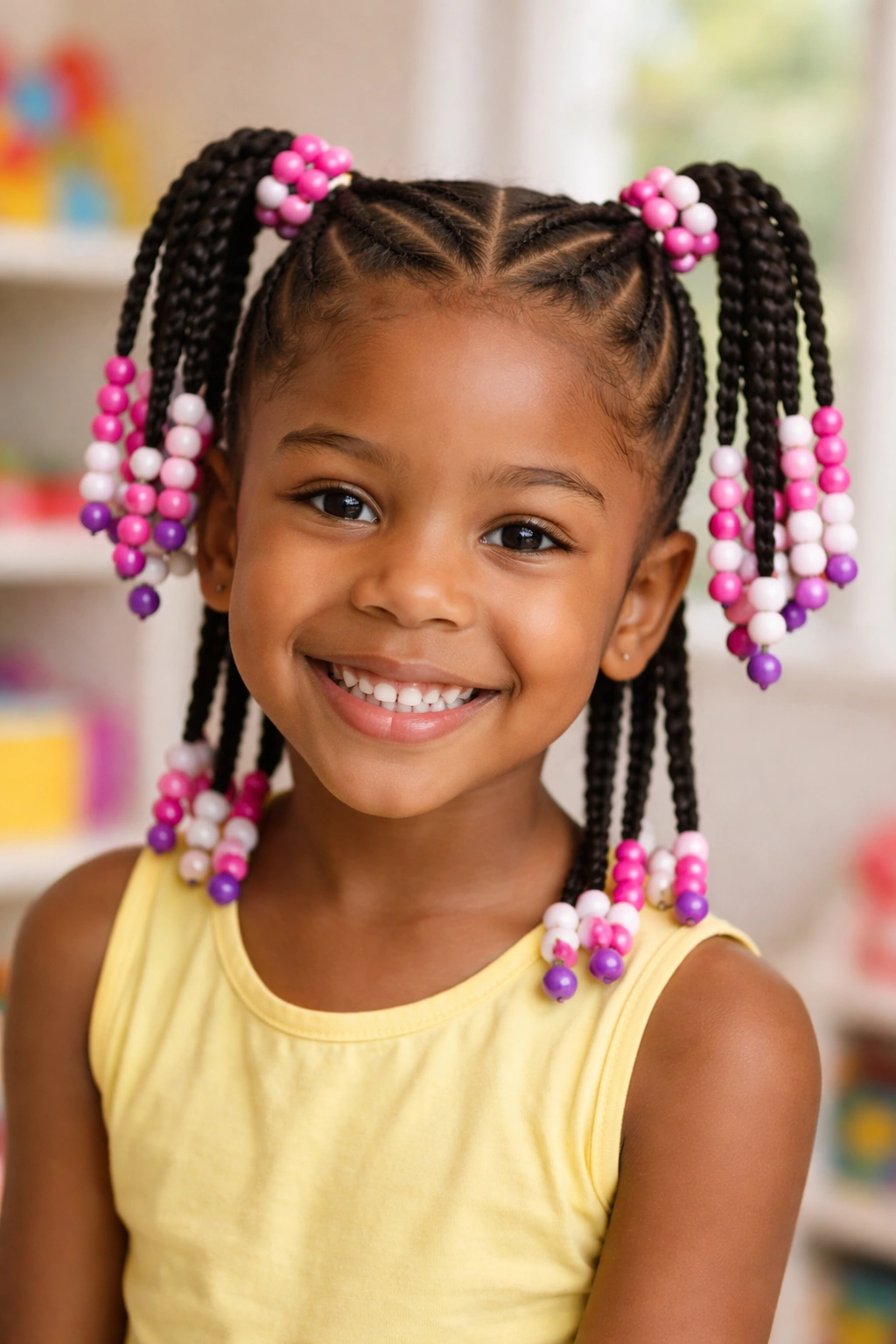 Girl with multiple small cornrow ponytails and beads