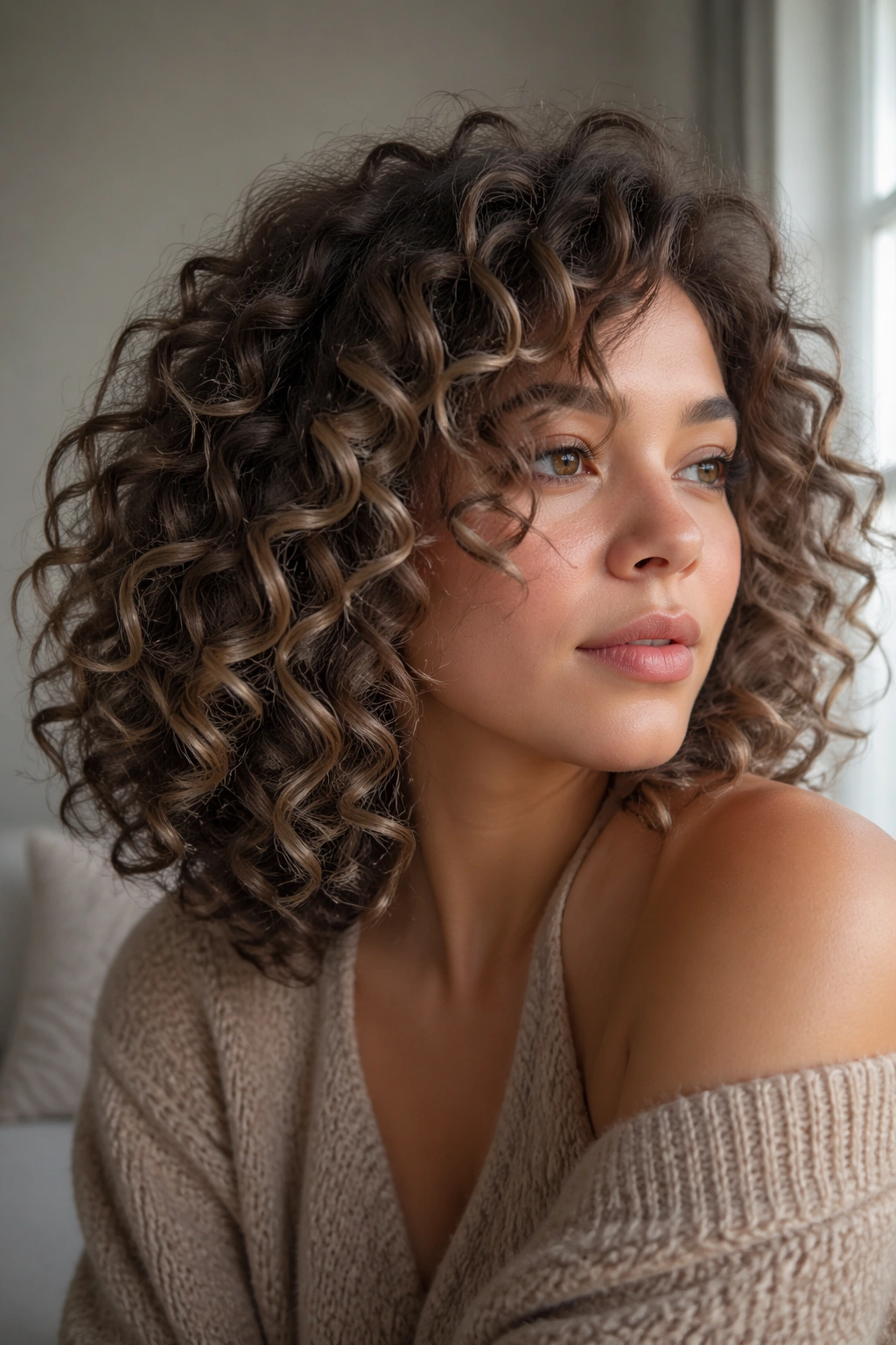 Close-up of a real person with mushroom brown curly hair in cool tones