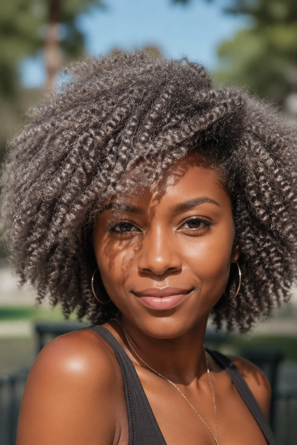 Close-up of a Black woman's curls in mushroom brown ash shade in natural light