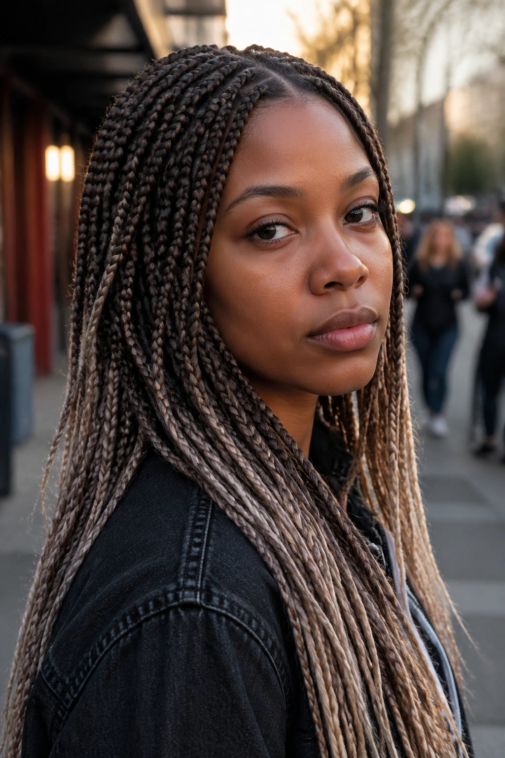 Real woman with mushroom brown ombré box braids in an urban setting.