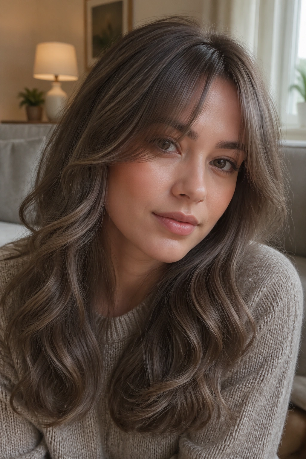 Portrait of a woman with mushroom brown waves and split fringe in a cozy living room