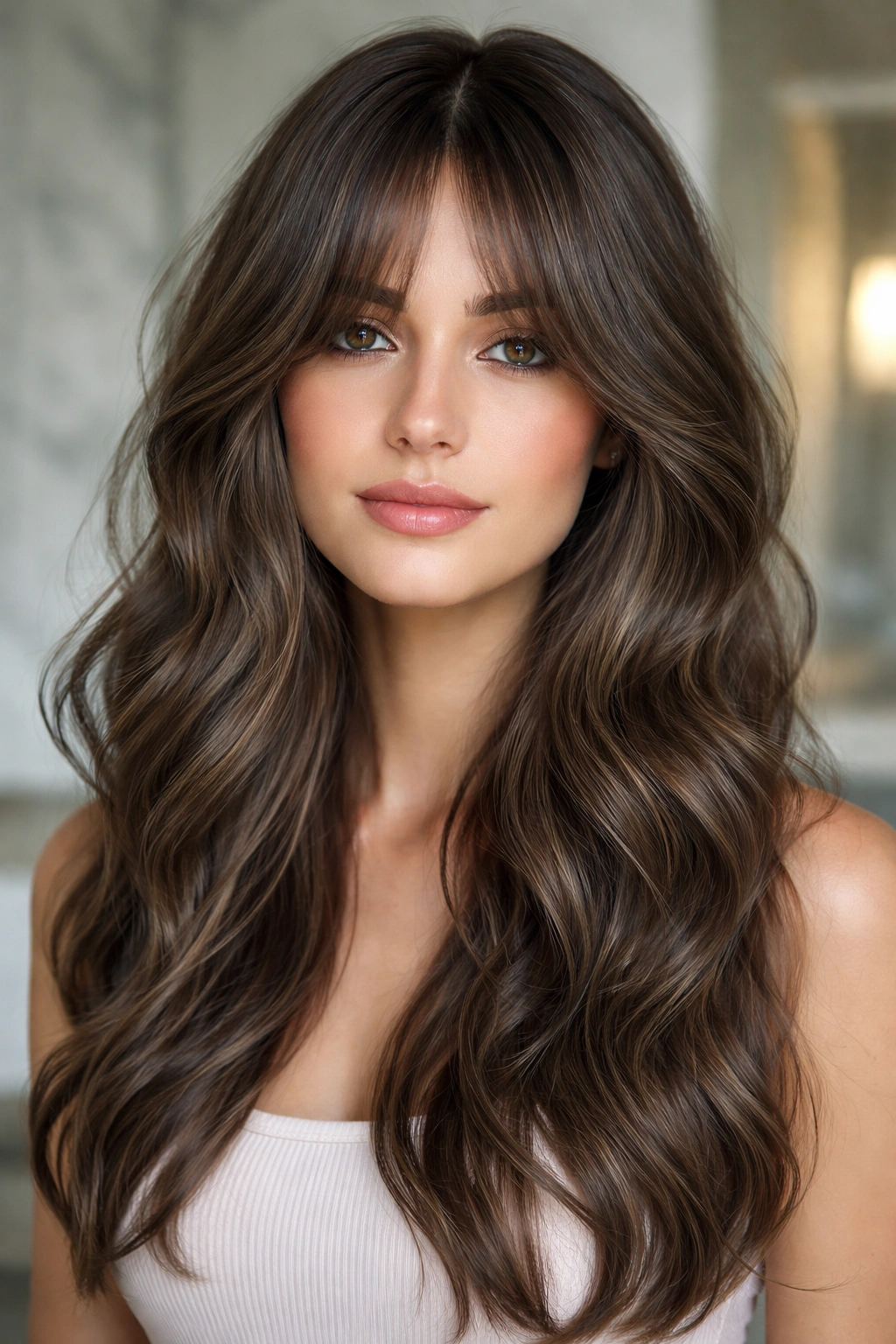 Portrait of a woman with mushroom brunette hair and cool-toned waves around the face