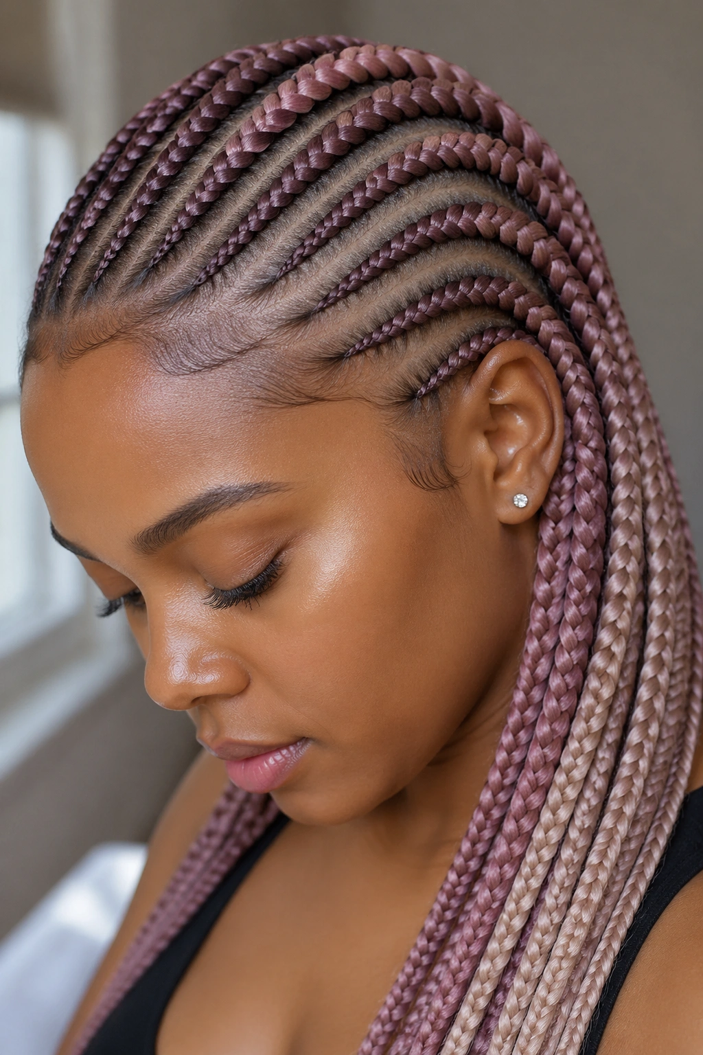 Close-up of muted mauve cornrows on a real person.